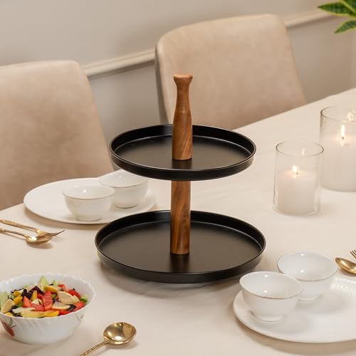 Image of Dusk Multipurpose Serveware - Metal & Acacia Wood 2-Tier Stand - Serving Stand for Snacks, Desserts & Table Display (12.5x12.5x14.5 inches)