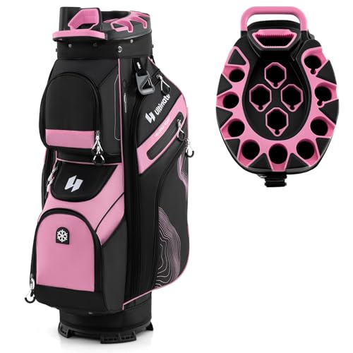 ULTIMATE 14-Way Golf Cart Bag, Golf Bag w/Molded Lock Top & Full Length Dividers, Portable Golf Club Bag w/11 Pockets, Cooler Bag, Padded Strap & Rain Hood for Men Women (Black+Pink)