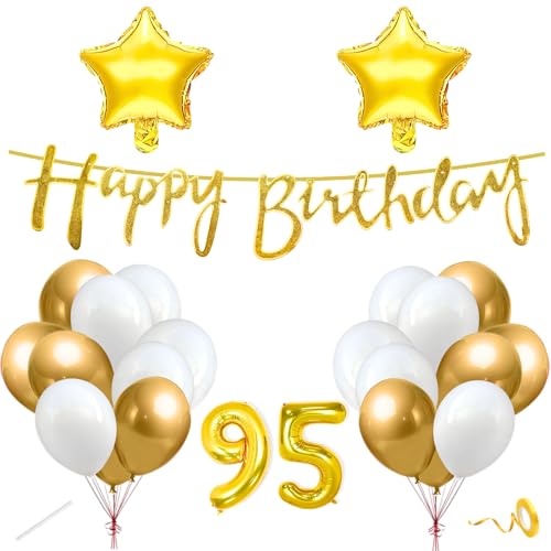 Image of Flyloons 95th Happy Birthday Decoration Kit Gold White for Boys Girls Men Women Adults With 20 Pcs Chrome Balloons Birthday Banner 2 Pcs Star Items Set Golden