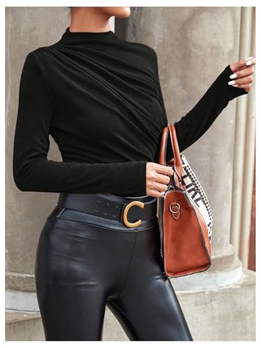 SweatyRocks Women's Mock Neck Ruched T Shirt Long Sleeve Casual Basic Top3