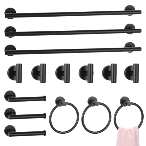 15 Piece Matte Black Bathroom Hardware Set, Towel bar Set Include 24 inch Bathroom Towel bar,Bathroom Towel Rack,Towel Ring,Toilet Paper Holder, Towel Hook, Bathroom Accessories Set