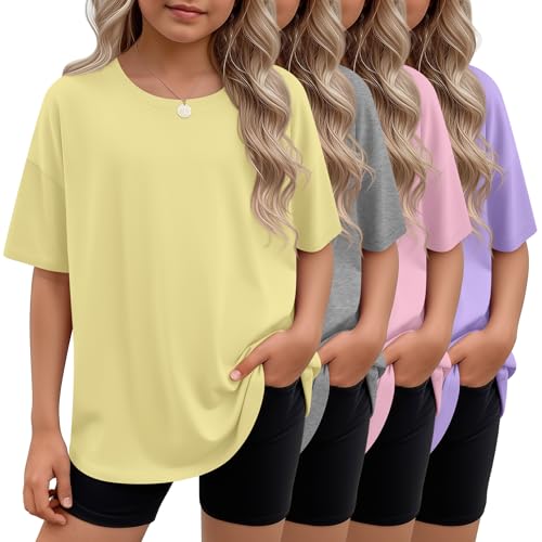 Langyiwee 4 Pack Girls Oversized Shirts Teen Short Sleeve Crew