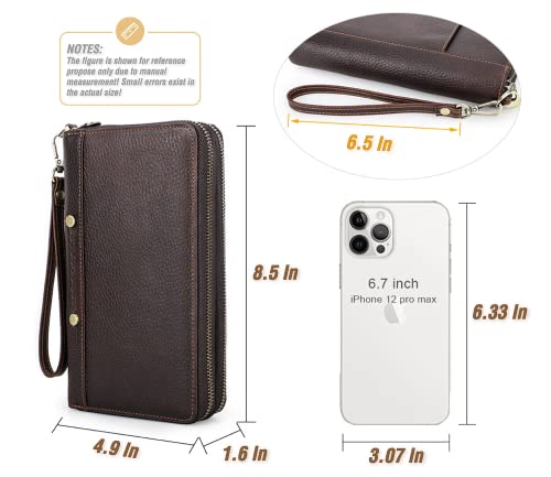 Top Grain Genuine Leather Clutch Wallet with Wristlet for Man & Woman, Handmade Vintage Design, Multi Pockets & Side Pocket & Slots, RFID Large Capacity for Cards/Checks/Money/Passport/Pen, Red Coffee4