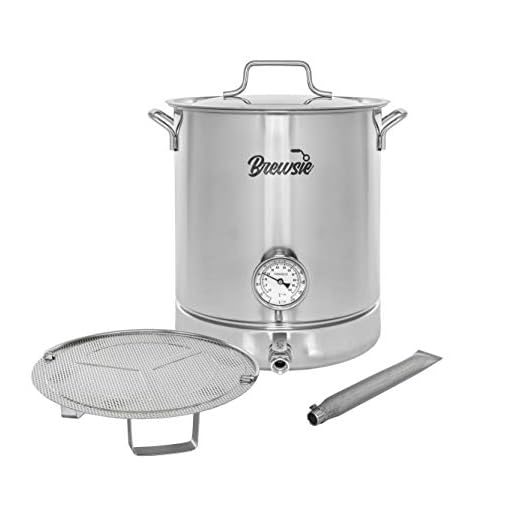 BREWSIE Stainless Steel Home Brew Kettle w/Dual Filtration. Equip with False Bottom Thermometer and Ball Valve for Brewing (8 Gal/ 32 QT)
