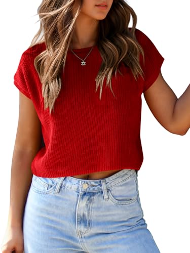 Image of Saodimallsu Womens Cap Sleeve Crop Tops Summer Trendy Going Out Crew Neck Loose Knit Cropped Sweater Vest Tank Top