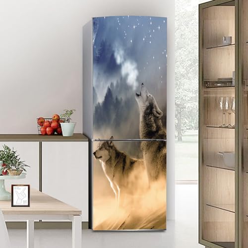 Fridge Wraps Kitchen Fridge Stickers Cover Full Doors, Fridge Sticker Full Covering Door Fridge Covers Skins Wall Stickers for Kitchen Decal, Wolf Howling Forest Starry Sky
