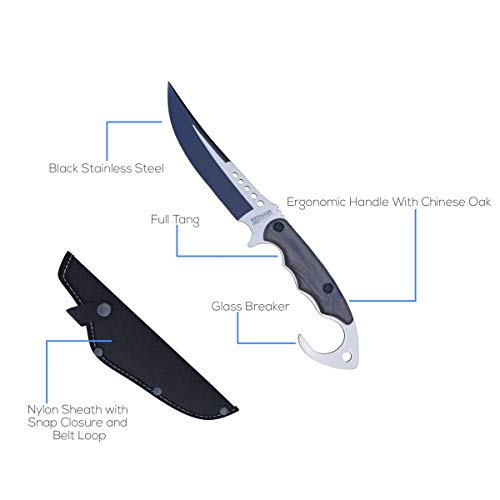 Whetstone Cutlery Survival Knife-Tactical Fixed Blade Full Tang Stainless Steel Hunting, Camping, Fishing Knife with Window Breaker Hook Pommel Hand Guard