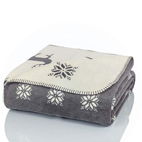 Glart Coperta Morbida e Calda, Motivo Renna, Extra Soffice Come Coperta da Divano, Coperta in Peluche, 150 x 200 cm, Grigio/Bianco