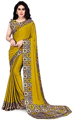 MIRCHI FASHION SOURBH Women's Chiffon Batik Style Border-Palav Printed Saree with Blouse Piece, Mustard, Beige, One Size