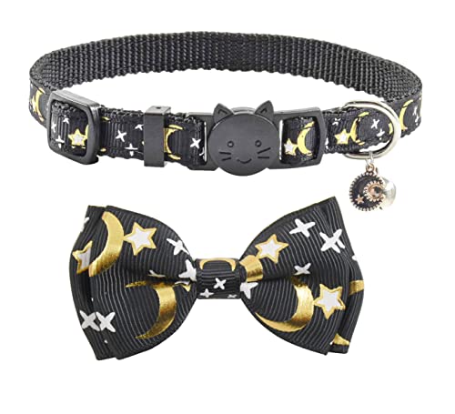 Image of Bowtie Cat Collars Breakaway with Bell, Adjustable Cute Kitty Collars Safety Buckle Kitten Collar for Cat Puppy 7.5-11in (Black Moon)