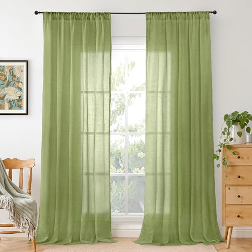 Image of BGment Olive Green Linen Curtains for Living Room 84 Inch Length- Light Filtering Window Drapes Rod Pocket Natural Textured for Bedroom Lightweight Rustic Spring Decor, 2 Panels Set, 52 X 84 Inch