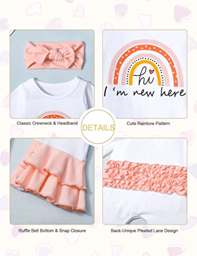 Agapeng 0-3 Months Baby Girl Clothes Baby Girl Outfits 0-3 Months Baby Girl Onesies Boho Hi I'm New Here Romper Baby Girl Outfit Rainbow Bell Bottom Jumpsuit Coming Home Outfit With Headband Hat #TOP4