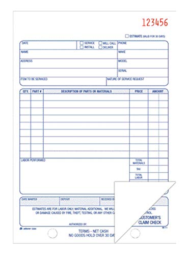 Image of Adams Repair Order Book, Carbonless, 2-Part, White /White, 5-9 /16 x 8-7 /16 Inches, 50 Sets (D5084)