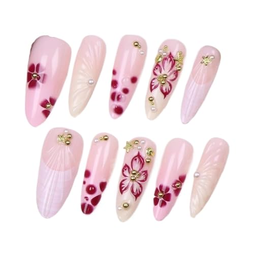 Presse sur les ongles amande moyenne ornés de fleurs et perles pour manucure instantanée