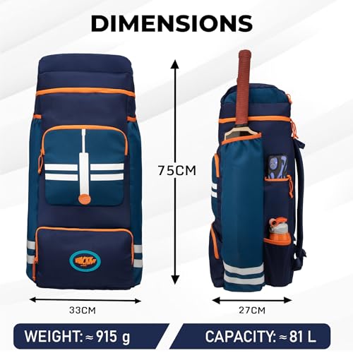 Image of WHACKK Warne 81L Cricket Kit Bag Backpack|Spacious Compartment with Dual Bat, Shoe /Helmet Pockets|Lightweight & Durable Sports kit Bag Navy Orange
