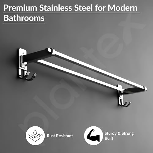 Image of Plantex Stainless Steel Foldable Towel Rack for Bathroom /Towel Hanger with Hooks /Towel Holder /Stand /Bathroom Accessories - 24 Inch (Chrome Finish)