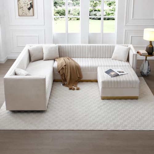 ivoros Velvet Modular Sectional Sofa with Ottoman, Modern Channel Tufted Sofa Couch with 4 Pillows, 6 Seater L-Shape Convertible Corner Couch for Living Room, Apartment and Office (Beige) - Thumbnail 6