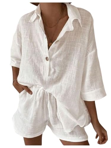 MakeMeChic Women's 2 Piece Summer Outfits Linen Half Sleeve Collared