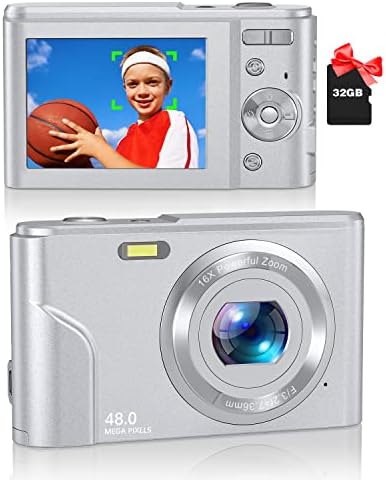 Digital Camera, Zostuic 48MP Autofocus Kid Camera with 32GB Card 1080P Video Camera with 16X Zoom, Compact Portable Small Cameras Christmas Birthday Gift for Children Kid Teen Student Girl Boy(Silver)