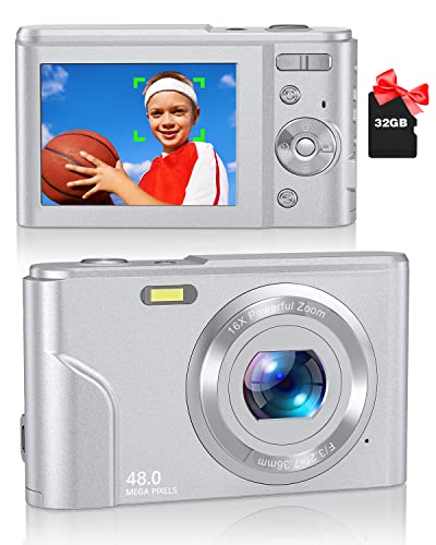 Digital Camera, Zostuic 48Mp Autofocus Kid Camera With 32Gb Card 1080P Video Camera With 16X Zoom, Compact Portable Small Cameras Christmas Birthday Gift For Children Kid Teen Student Girl Boy(Silver) #TOP2