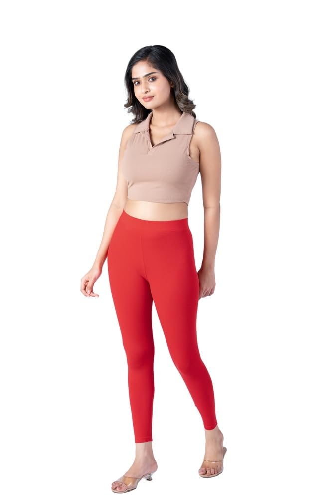Candy Red Ankle Length Leggings | Soft Cotton Elastane Blend for Women | Perfect Stretch Slim Fit Casual Bottoms-image-42
