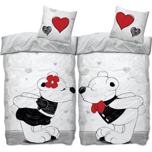 SkyBrands Bärchen Partnerbettwäsche 135x200 4teilig Paar Bettwäsche Partnerbettwäsche Set Pärchen Bettwäsche Liebe Partner Bettwäsche 4teilig Mikrofaser