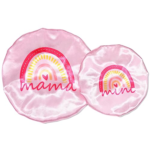 Image of Bonnet Set Baby Mommy Bonnet Sleep Cap Baby Hair Bonnet for Women Girls Kids Toddler Curly Reversible Adjustable Pink Rainbow Hair Cap ha Double Layer
