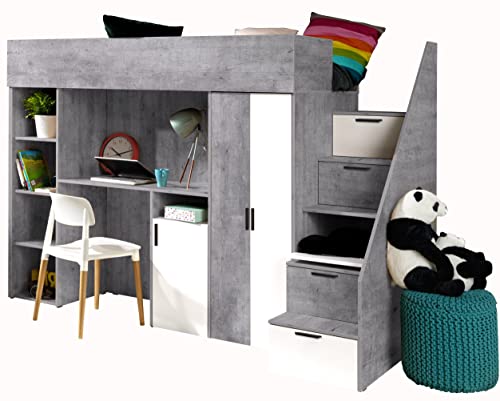 MEBLE KRYSPOL KONKRET 14 Hochbett für Kinder, Jugendliche mit Stauraum - Etagenbett mit Schreibtisch, Schrank, Regal, Schubladen, Treppe - 247x120x165 cm - Beton, Weiß mat, Schwarz