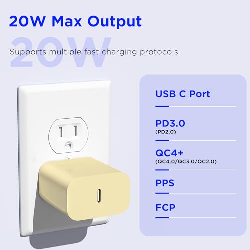 Image of iPhone 17 16 15 Charger Fast Charging,2Pack 20W Apple iPad USB C Wall Chrager Block with 6FT USB C to C Cable for iPhone 17 /Pro /Pro Max /17 Air / 16 /16 Pro /16 Pro Max /15 /Plus /Pro /Pro Max (Yellow)
