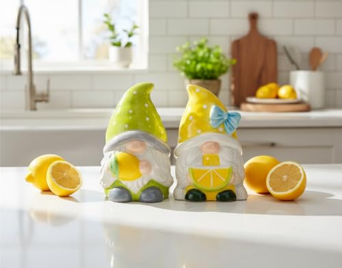 Fine Ceramic Summer Lemon Lime Cool Gnome Couple Salt & Pepper Shakers Set, 3-5-8 H