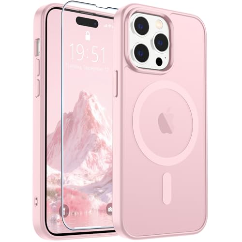 Image of SUPFINE Magnetic for iPhone 14 Pro Max Case with Screen Protector (Compatible with MagSafe) (Military Grade Drop Protection) Translucent Matte Shockproof Phone Cover,Light Pink
