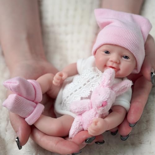 MYREBABY 17,8 cm Miniatur Silikon Ganzkörper Reborn Babypuppe Micro Realistische Neugeborene Puppe Lebensechte Augen Offenes Baby Mädchen sieht aus wie echte Babys Anti Stress Puppen – Bild 7