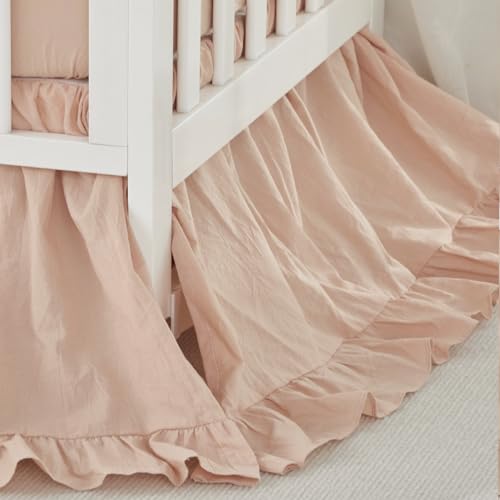 Image of Brandream Boho Bohemian Girl Baby Nursery Crib Bed Skirt Dust Ruffle - Neutral Solid Color Blush Farmhouse Chic 100% Washed Cotton Ruffle