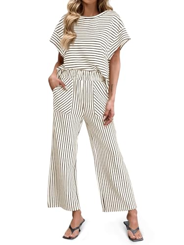 Image of Tankaneo Womens Striped 2 Piece Sets Short Sleeve T Shirts Wide Leg Pants Matching Lounge Set with Pockets
