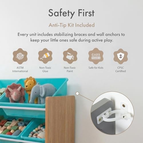 Image of Humble Crew Toy Storage Organizer with 12 Removable Storage Bins for Kids Playroom, 4-Tier Toddler Toy Organization, Natural Wood /Aqua