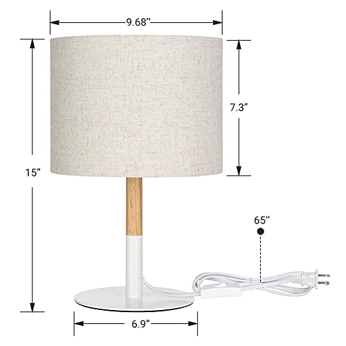 DEWENWILS Bedside Table Lamp, Rustic Wood Nightstand Lamp with Linen Fabric Lamp Shade, Small Vintage Lamps for Bedroom, Living Room, Office, Farmhouse Metal Base, ON/Off Switch