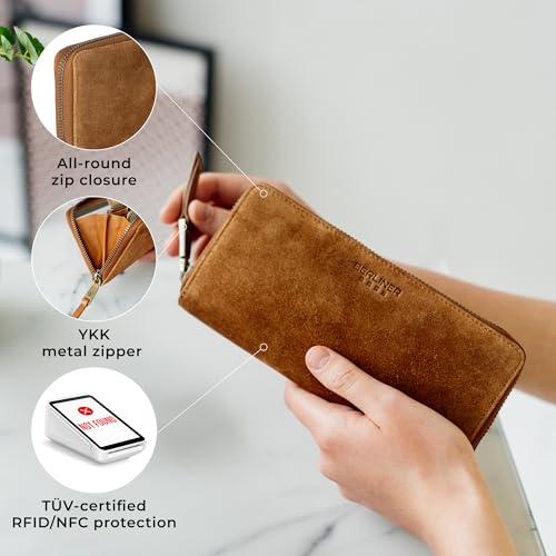 Image of BERLINER BAGS Full Grain Leather Zip Wallet Women Palma, Gift Box - Brown