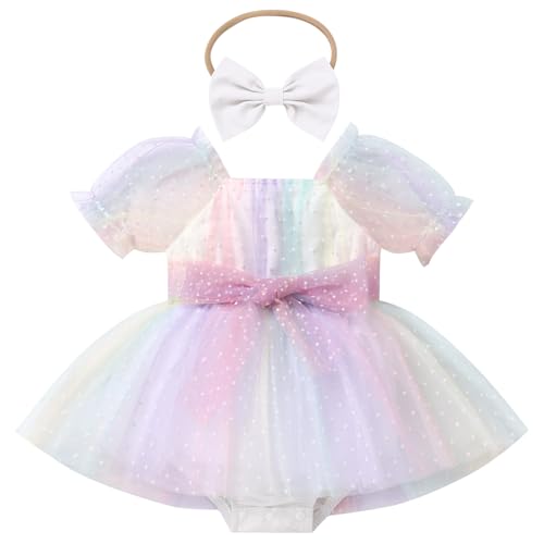 IBTOM CASTLE Baby Girl Romper Dress Princess Floral First Birthday Cake Smash Outfit Tutu Dress Bodysuit Set with Headband
