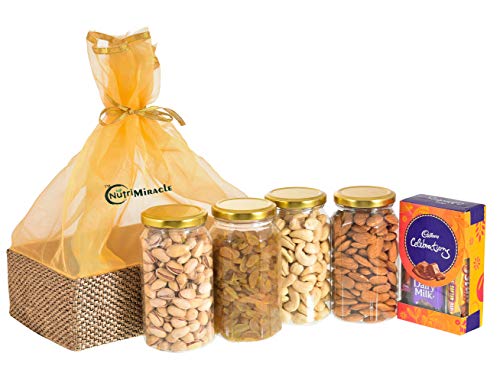 Image of NUTRI MIRACLE Raksha Bandhan Dry Fruits Chocolate Gift Pack | Rakhi Mixed Nuts Hamper |Bhai Bahan Festival Box