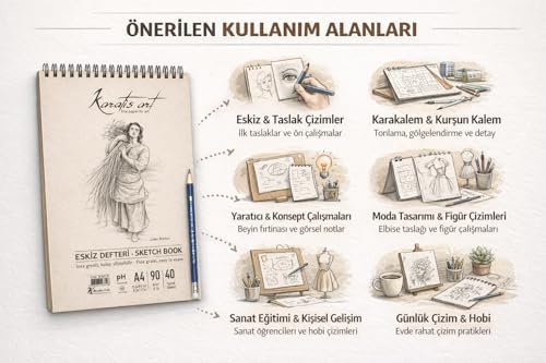 A4 Eskiz Defteri, İnce Grenli, Kolay Silinebilir pH Nötr Kağıt, Spiralli Sketch Book, 90 g/m², 40 Yaprak, Çizim ve Karakalem İçin - Görsel 4