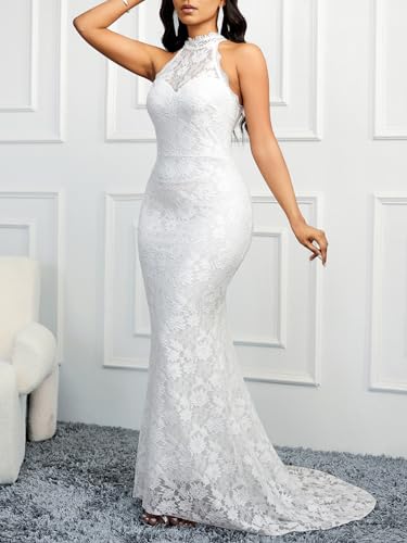 Image of Women's Sexy Plus Size Floral Lace Halter Neck Long Tail Sleeveless Slim Fit Mermaid Wedding Party Dress for Women White
