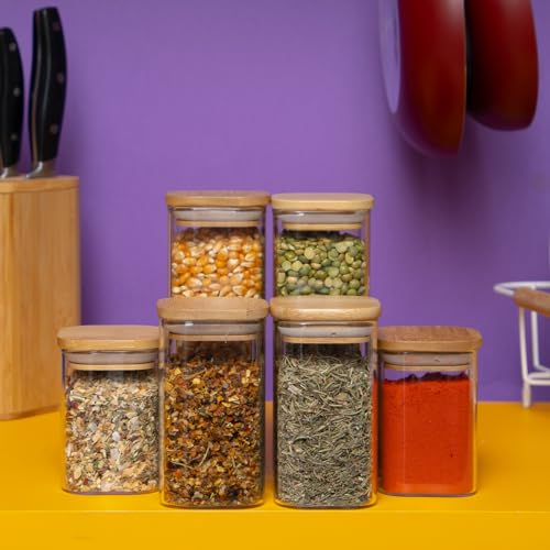Kit 6 potes de vidro tampa de bambu herméticos quadrados - Tüd