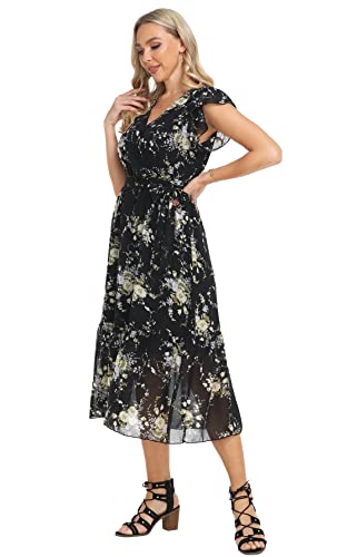 Image of VintageClothing Womens Sundress Casual Floral Summer Boho Dress | Flowy Wrap V Neck Ruffle A-Line Pleated Hem Midi Dresses