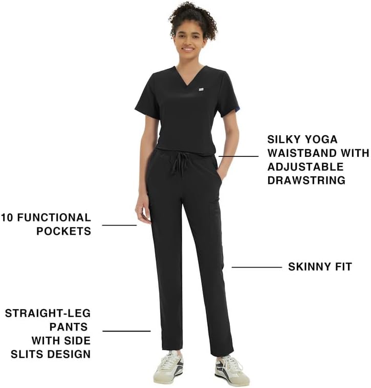 Kitmaz Scrub Pants for Women, Mid Rise Stretch Anti-Wrinkle Skinny Straight Leg Cargo Pants with Yoga Waistband & 10 Pockets - Image 3