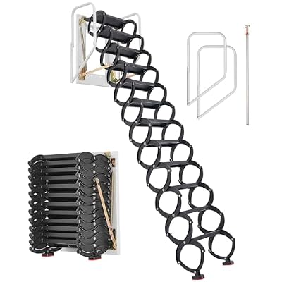 VEVOR Attic Ladder Wall-Mounted, 660LBS/299.4KG Capacity, Fits 9.5 to 10 ft Ceiling Height, 12-Step Steel Folding Stairs with Handrails, Pull Down Attic Ladders for Attics, Garages, Roofs, Basements