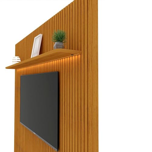 Painel Ripado com Rack para Tv até 75 Polegadas Led 3 Gavetas 2 Prateleiras com Pés 230cm Nobre Geli