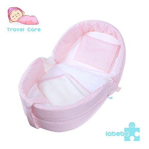 Labebe Reisbed voor babymeisjes, roze raster, matras voor kinderen tot 1 jaar, reisbed inklapbaar/reisbedset, baby born reisbed/reisbed roze/reisbed klein