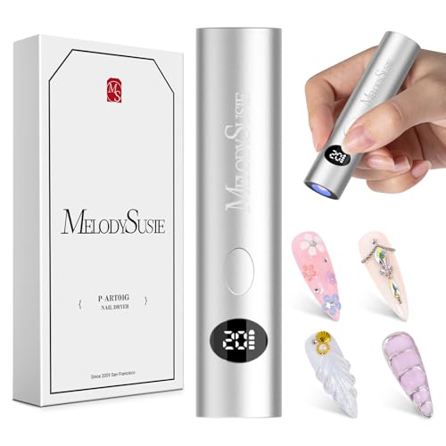 MelodySusie Handheld Cordless UV Nail Lamp with LCD Display & Optical Lens, P-Art01G Rechargeable Mini UV LED Light Flash Cures All Soft Gels, Especially Rhinestone Glue & Liner Gel Silver