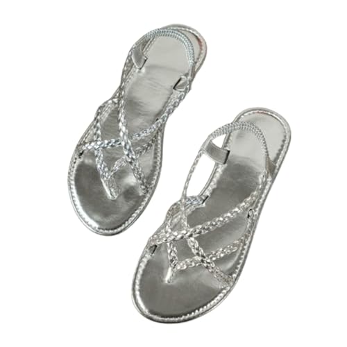 Flip Flops with Elastic Band for Women Summer Fashion Strappy Beach Wedding Shoes PU Leather Roman Sandals