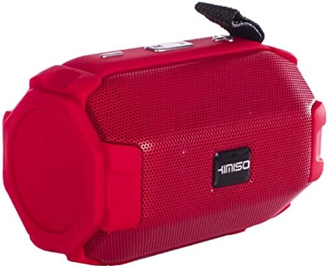 Kimiso-E92 (KMS-206) Portable Bluetooth Speaker in red, showing the front grille, control buttons on top, and a carrying strap.